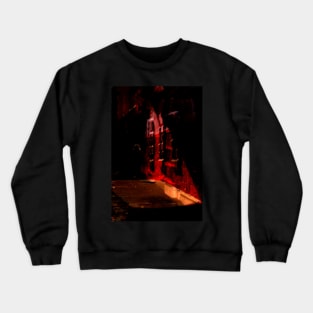 Special processing. Person walking at night, on dark street, with stone walls. Bright Red. Crewneck Sweatshirt